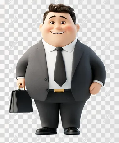 a smiling businessmen wearing a business suit , briefcase black shoes , front view, in pixar style, white background