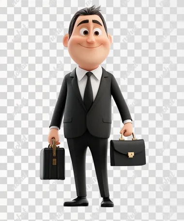a smiling businessmen wearing a business suit , briefcase black shoes , front view, in pixar style, white background