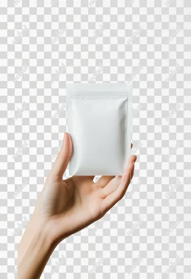 Hand holding an unbranded white stand-up Pouch with the opening visible on the white background