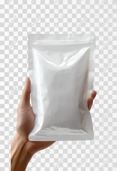 Hand holding an unbranded white stand-up Pouch with the opening visible on the white background