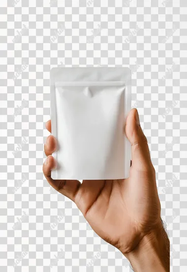 Hand holding an unbranded white stand-up Pouch with the opening visible on the white background
