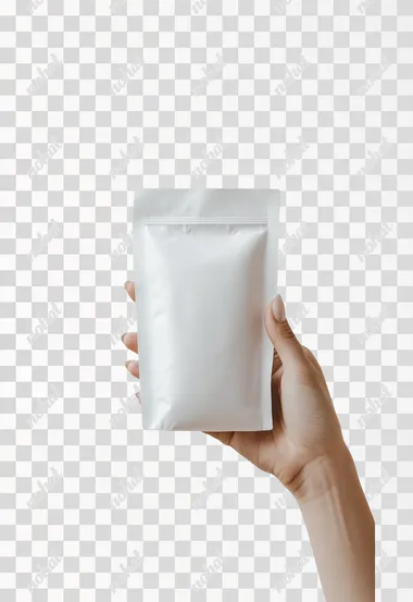 Hand holding an unbranded white stand-up Pouch with the opening visible on the white background
