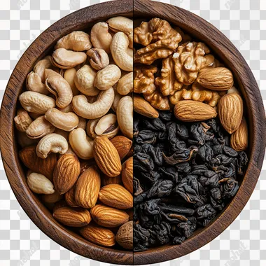 The image is a circular composition divided into two halves. On the left side, there is a wooden bowl filled with a variety of mixed nuts, including almonds, walnuts, cashews, pistachios, and hazelnuts. The nuts are arranged in a way that showcases their textures and natural colors, creating a rich and wholesome appearance. On the right side, there is a close-up of two tea bags placed on a wooden surface. The tea bags are a deep brown color, suggesting that they contain black tea or a similar dark tea blend. The contrast between the nuts and the tea bags is striking, as the image juxtaposes the natural, textured look of the nuts with the more subdued and processed appearance of the tea bags. The overall tone of the image is warm and earthy. --s 250