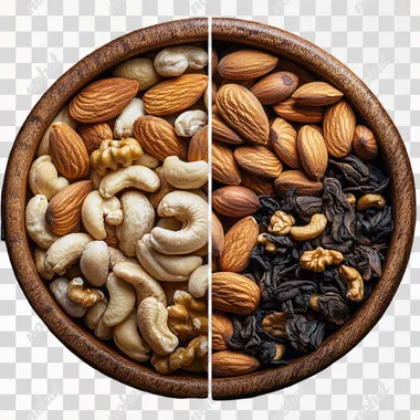 The image is a circular composition divided into two halves. On the left side, there is a wooden bowl filled with a variety of mixed nuts, including almonds, walnuts, cashews, pistachios, and hazelnuts. The nuts are arranged in a way that showcases their textures and natural colors, creating a rich and wholesome appearance. On the right side, there is a close-up of two tea bags placed on a wooden surface. The tea bags are a deep brown color, suggesting that they contain black tea or a similar dark tea blend. The contrast between the nuts and the tea bags is striking, as the image juxtaposes the natural, textured look of the nuts with the more subdued and processed appearance of the tea bags. The overall tone of the image is warm and earthy. --s 250