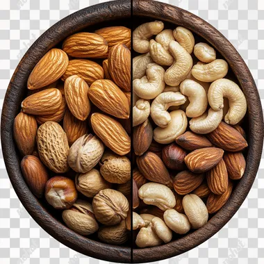 The image is a circular composition divided into two halves. On the left side, there is a wooden bowl filled with a variety of mixed nuts, including almonds, walnuts, cashews, pistachios, and hazelnuts. The nuts are arranged in a way that showcases their textures and natural colors, creating a rich and wholesome appearance. On the right side, there is a close-up of two tea bags placed on a wooden surface. The tea bags are a deep brown color, suggesting that they contain black tea or a similar dark tea blend. The contrast between the nuts and the tea bags is striking, as the image juxtaposes the natural, textured look of the nuts with the more subdued and processed appearance of the tea bags. The overall tone of the image is warm and earthy. --s 250