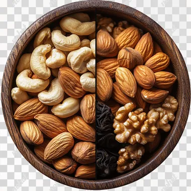 The image is a circular composition divided into two halves. On the left side, there is a wooden bowl filled with a variety of mixed nuts, including almonds, walnuts, cashews, pistachios, and hazelnuts. The nuts are arranged in a way that showcases their textures and natural colors, creating a rich and wholesome appearance. On the right side, there is a close-up of two tea bags placed on a wooden surface. The tea bags are a deep brown color, suggesting that they contain black tea or a similar dark tea blend. The contrast between the nuts and the tea bags is striking, as the image juxtaposes the natural, textured look of the nuts with the more subdued and processed appearance of the tea bags. The overall tone of the image is warm and earthy. --s 250