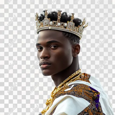 a young 20 year old Royal African king on a clear white background real life like 4K photo realistic