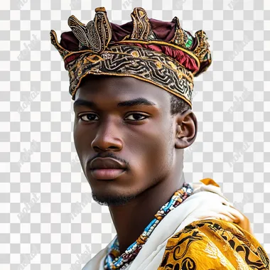 a young 20 year old Royal African king on a clear white background real life like 4K photo realistic
