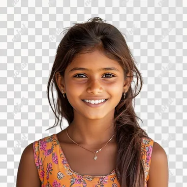 an Indian adolescent RURAL girl of age 15 yrs, Smiling and standing in School, white background --s 250