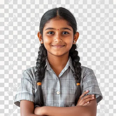 an Indian adolescent RURAL girl of age 15 yrs, Smiling and standing in School, white background --s 250