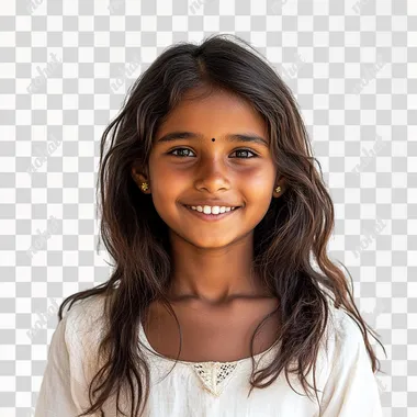 an Indian adolescent RURAL girl of age 15 yrs, Smiling and standing in School, white background --s 250