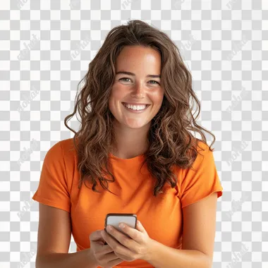 a photo of a smiled woman in orange shirt and curved hair looking on her iphone, isolated on white