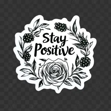 A white sticker serves as the canvas. In bold, black lettering, the phrase "Stay Positive " takes center stage in elegant cursive. Surrounding the text, black decorative tea rose and blackberries, the stickers irregular contour frames the design, and it stands out against a plain neon green backdrop. In the style of line art. Black and white only, no gray color.
