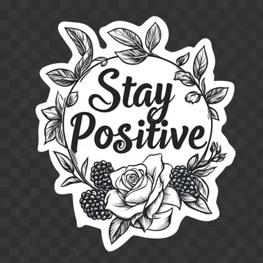 A white sticker serves as the canvas. In bold, black lettering, the phrase "Stay Positive " takes center stage in elegant cursive. Surrounding the text, black decorative tea rose and blackberries, the stickers irregular contour frames the design, and it stands out against a plain neon green backdrop. In the style of line art. Black and white only, no gray color.