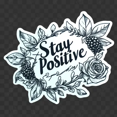 A white sticker serves as the canvas. In bold, black lettering, the phrase "Stay Positive " takes center stage in elegant cursive. Surrounding the text, black decorative tea rose and blackberries, the stickers irregular contour frames the design, and it stands out against a plain neon green backdrop. In the style of line art. Black and white only, no gray color.