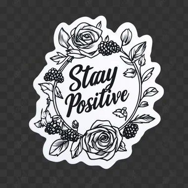 A white sticker serves as the canvas. In bold, black lettering, the phrase "Stay Positive " takes center stage in elegant cursive. Surrounding the text, black decorative tea rose and blackberries, the stickers irregular contour frames the design, and it stands out against a plain neon green backdrop. In the style of line art. Black and white only, no gray color.