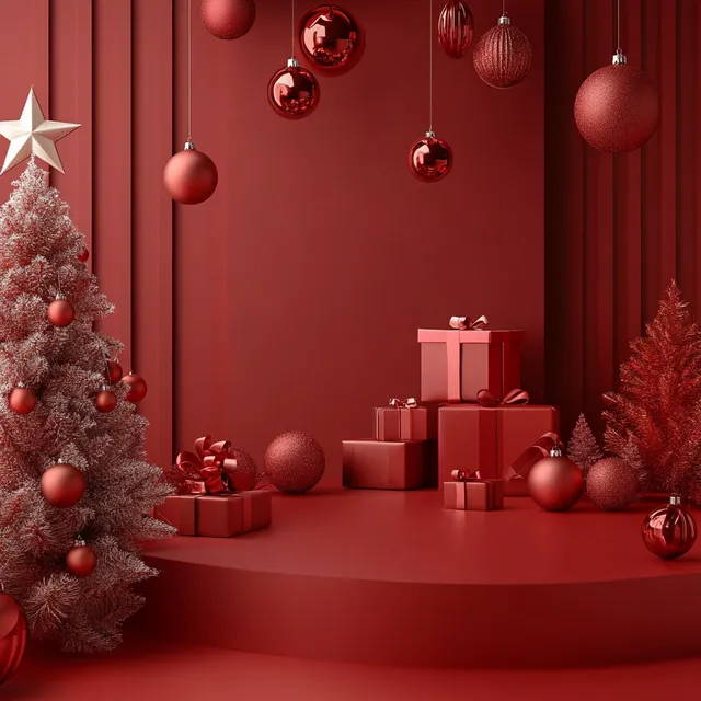 Christmas Living Area with Red Room, Tree, and Gifts in 3D Banner