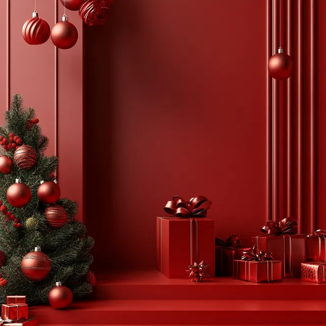 Red Christmas Tree with Presents Underneath in Cozy Living Room Scene