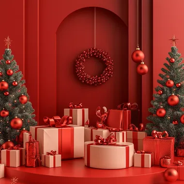 Christmas atmosphere, clean, 3D modeling scene, banner, Solid red e-commerce background
