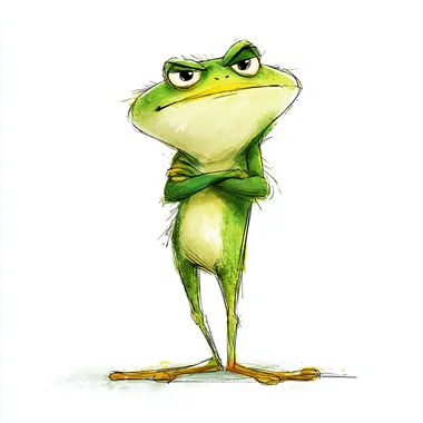 a handrawn Cute slimy, shiny smooth grumpy frog with crossed arms, grumpy expression. white background, digital art in the style of Disney Pixar, high resolution. --raw