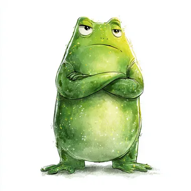a handrawn Cute slimy, shiny smooth grumpy frog with crossed arms, grumpy expression. white background, digital art in the style of Disney Pixar, high resolution. --raw