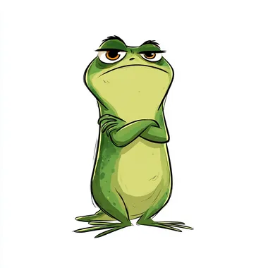 a handrawn Cute slimy, shiny smooth grumpy frog with crossed arms, grumpy expression. white background, digital art in the style of Disney Pixar, high resolution. --raw