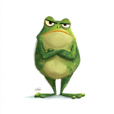 a handrawn Cute slimy, shiny smooth grumpy frog with crossed arms, grumpy expression. white background, digital art in the style of Disney Pixar, high resolution. --raw