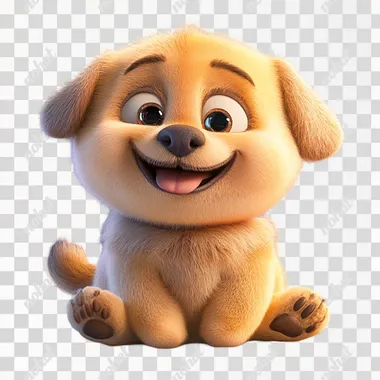 A cute puppy sitting on the floor, head cocked, smiling happily, one hand fanning, chubby face and body, furry fur, 3D animal, anthropomorphic, full body, exaggerated movements, exaggerated demeanour