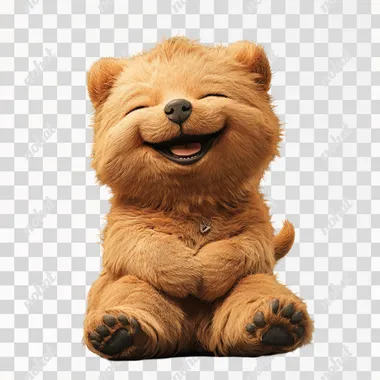 A cute puppy sitting on the floor, head cocked, smiling happily, one hand fanning, chubby face and body, furry fur, 3D animal, anthropomorphic, full body, exaggerated movements, exaggerated demeanour