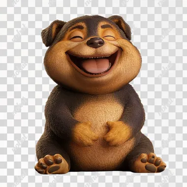 A cute puppy sitting on the floor, head cocked, smiling happily, one hand fanning, chubby face and body, furry fur, 3D animal, anthropomorphic, full body, exaggerated movements, exaggerated demeanour