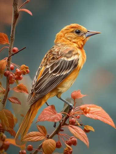an orange bird sitting on top of a tree branch, a photorealistic painting, by Marek Okon, digital art, sakura, ultra realistic 3d illustration, artwork, closeup portrait, amazing photo, beautiful illustration, autumn, an illustration, minimal   --raw