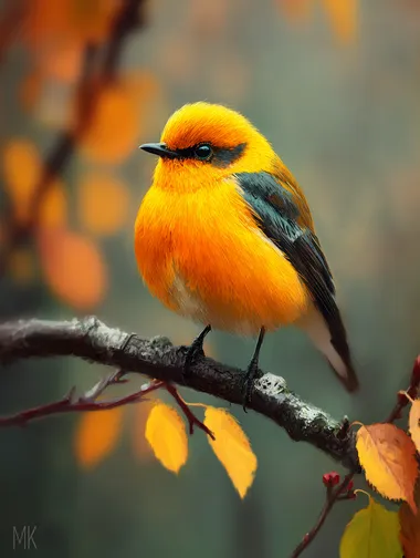 an orange bird sitting on top of a tree branch, a photorealistic painting, by Marek Okon, digital art, sakura, ultra realistic 3d illustration, artwork, closeup portrait, amazing photo, beautiful illustration, autumn, an illustration, minimal   --raw