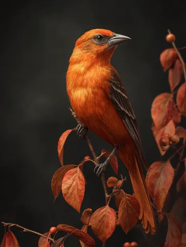 an orange bird sitting on top of a tree branch, a photorealistic painting, by Marek Okon, digital art, sakura, ultra realistic 3d illustration, artwork, closeup portrait, amazing photo, beautiful illustration, autumn, an illustration, minimal   --raw