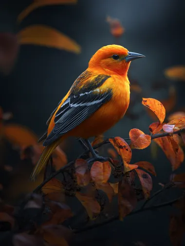 an orange bird sitting on top of a tree branch, a photorealistic painting, by Marek Okon, digital art, sakura, ultra realistic 3d illustration, artwork, closeup portrait, amazing photo, beautiful illustration, autumn, an illustration, minimal   --raw