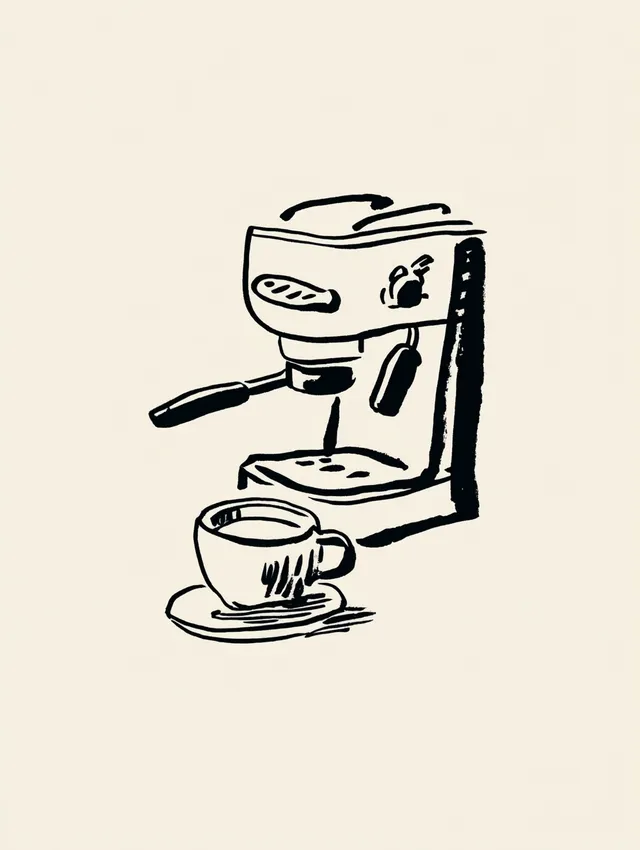 Stylized Espresso Machine and Coffee Cup Line Drawing