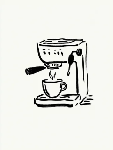A simple line drawing of espresso machine and cup of coffee, isolated on a white background, in the style of Gemma Correll and Bill Watterson.