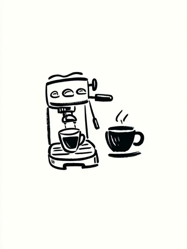 A simple line drawing of espresso machine and cup of coffee, isolated on a white background, in the style of Gemma Correll and Bill Watterson.