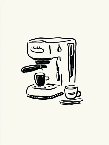 A simple line drawing of espresso machine and cup of coffee, isolated on a white background, in the style of Gemma Correll and Bill Watterson.