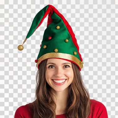 The elf hat is red and green with gold trim, with a long tail on the top of the head, against a white background. This is a product photo for Amazon. A woman is smiling while wearing a festive, colorful, jester-style gnome elf hat. --s 50