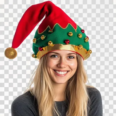 The elf hat is red and green with gold trim, with a long tail on the top of the head, against a white background. This is a product photo for Amazon. A woman is smiling while wearing a festive, colorful, jester-style gnome elf hat. --s 50