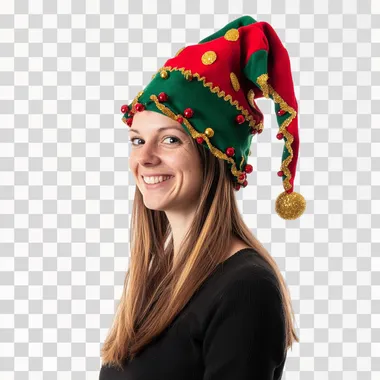 The elf hat is red and green with gold trim, with a long tail on the top of the head, against a white background. This is a product photo for Amazon. A woman is smiling while wearing a festive, colorful, jester-style gnome elf hat. --s 50