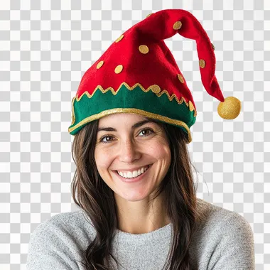 The elf hat is red and green with gold trim, with a long tail on the top of the head, against a white background. This is a product photo for Amazon. A woman is smiling while wearing a festive, colorful, jester-style gnome elf hat. --s 50
