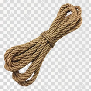 A brown-colored, thick jute rope with no background. The jute length is about five meters, and it has one knot at the end of each side. It's made from natural fibers like wood or grass and can be used for various applications, such as being tied to an object in a yard or inside your home, or on a construction site, or as part of outdoor activities.