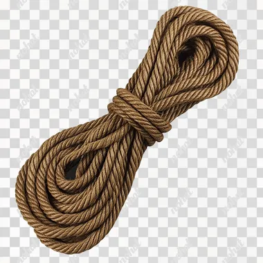 A brown-colored, thick jute rope with no background. The jute length is about five meters, and it has one knot at the end of each side. It's made from natural fibers like wood or grass and can be used for various applications, such as being tied to an object in a yard or inside your home, or on a construction site, or as part of outdoor activities.
