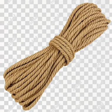 A brown-colored, thick jute rope with no background. The jute length is about five meters, and it has one knot at the end of each side. It's made from natural fibers like wood or grass and can be used for various applications, such as being tied to an object in a yard or inside your home, or on a construction site, or as part of outdoor activities.