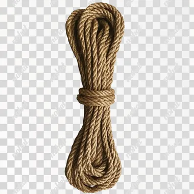 A brown-colored, thick jute rope with no background. The jute length is about five meters, and it has one knot at the end of each side. It's made from natural fibers like wood or grass and can be used for various applications, such as being tied to an object in a yard or inside your home, or on a construction site, or as part of outdoor activities.