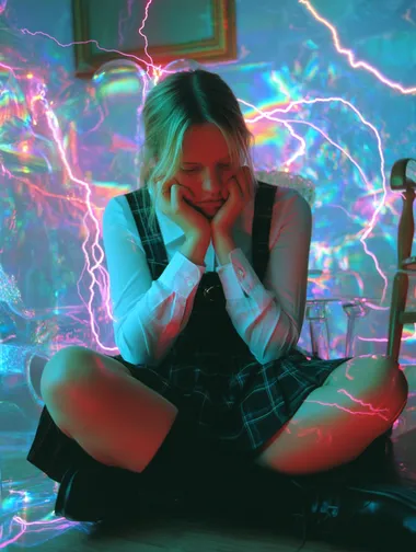 rainbow thunderstorm, liminal space, 1992, CMYK, whimsigoth, renaissance inspired, pink leopard print and velvet, 35 mm vintage Polaroid, bold rainbow iridescent colours, , glitchcore, night time, light trails         4hd22qu --raw
