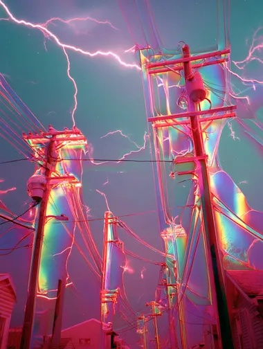 rainbow thunderstorm, liminal space, 1992, CMYK, whimsigoth, renaissance inspired, pink leopard print and velvet, 35 mm vintage Polaroid, bold rainbow iridescent colours, , glitchcore, night time, light trails         4hd22qu --raw