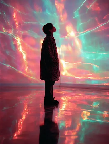 rainbow thunderstorm, liminal space, 1992, CMYK, whimsigoth, renaissance inspired, pink leopard print and velvet, 35 mm vintage Polaroid, bold rainbow iridescent colours, , glitchcore, night time, light trails         4hd22qu --raw