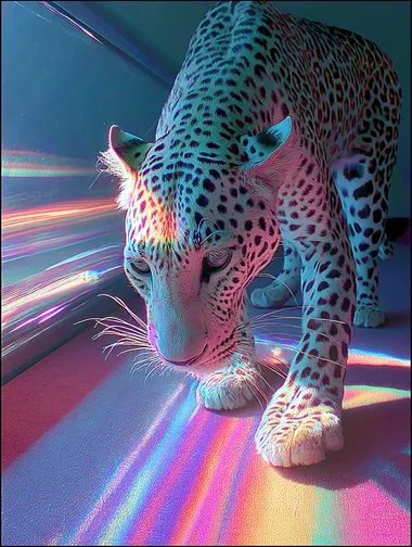 rainbow thunderstorm, liminal space, 1992, CMYK, whimsigoth, renaissance inspired, pink leopard print and velvet, 35 mm vintage Polaroid, bold rainbow iridescent colours, , glitchcore, night time, light trails         4hd22qu --raw